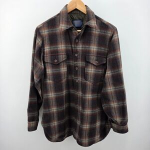 Pendleton Wool Flannel Shirt Mens Large Long Brown Plaid Vintage Made in USA L